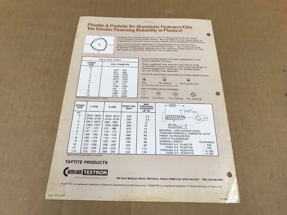 Vintage Camcar Textron - Fasteners For Plastics Guide