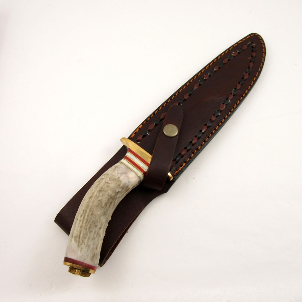 FIXED-BLADE BOWIE KNIFE | 13" Stag Handle Brass Frontier Blade w/ Leather Sheath