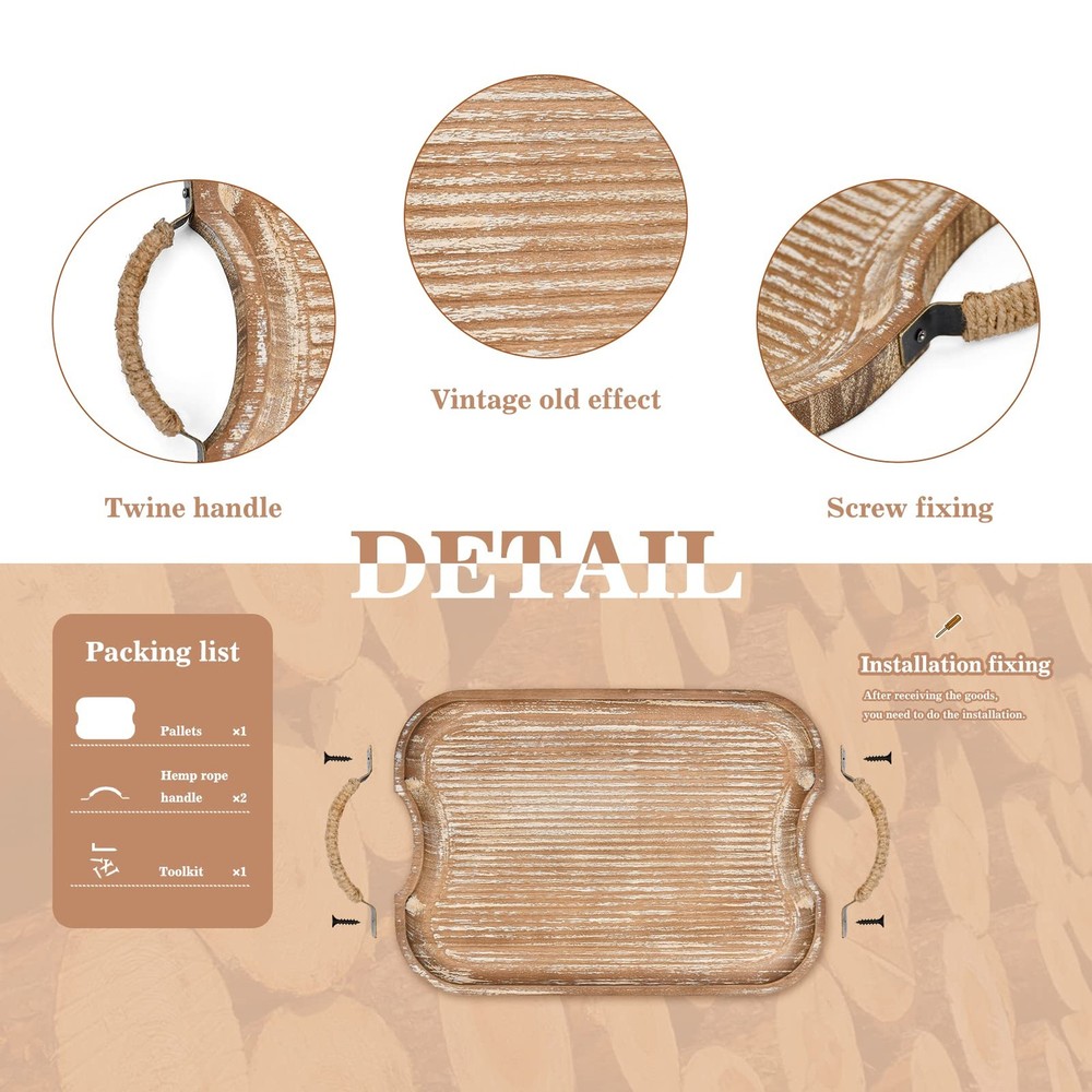 Rustic Wood Serving Tray Set w/ Metal Twine Handles - 2 Stackable Rectangular Tr
