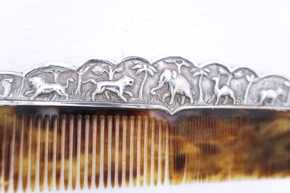 Swami Style Solid Silver Raj India Colonial Comb Figural Elephant Camel Tiger