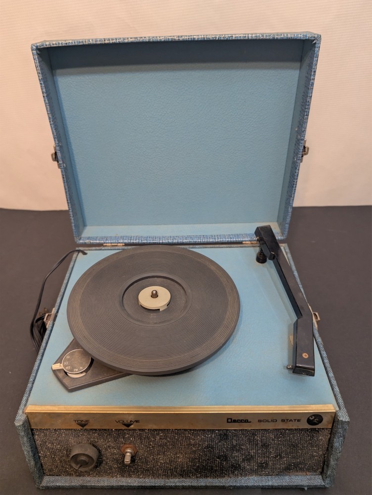 VTG Decca Portable Record Player Solid State Tested & Works Great See Video Blue