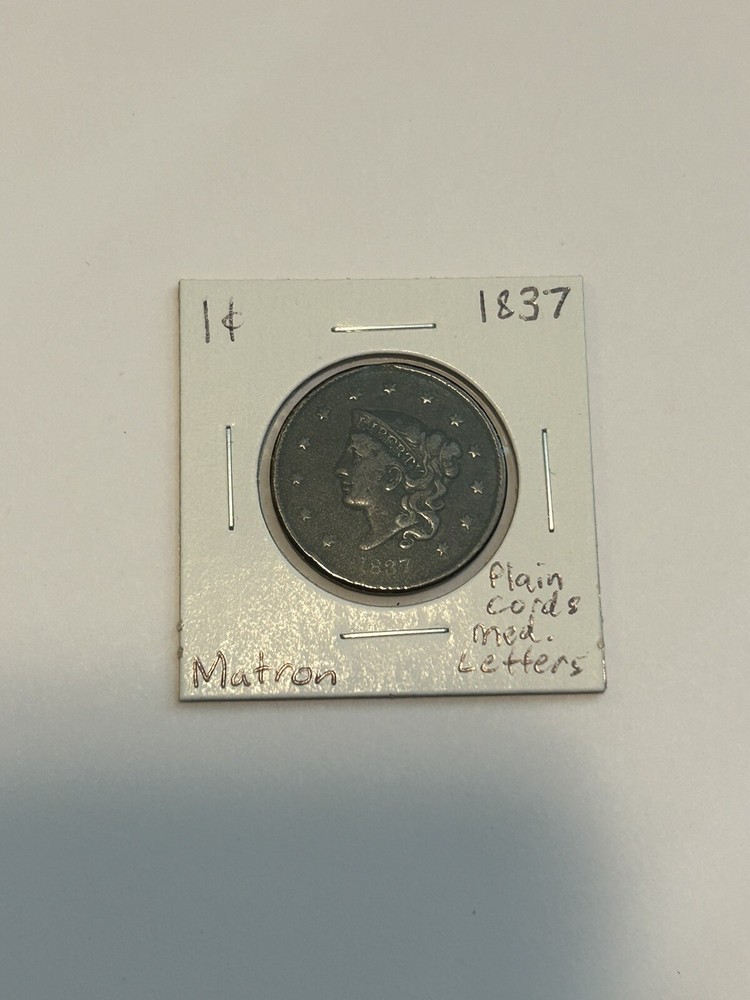 1837 Plain Cords Medium Letters Coronet Head Cent, U.S. Type 1c Coin Copper