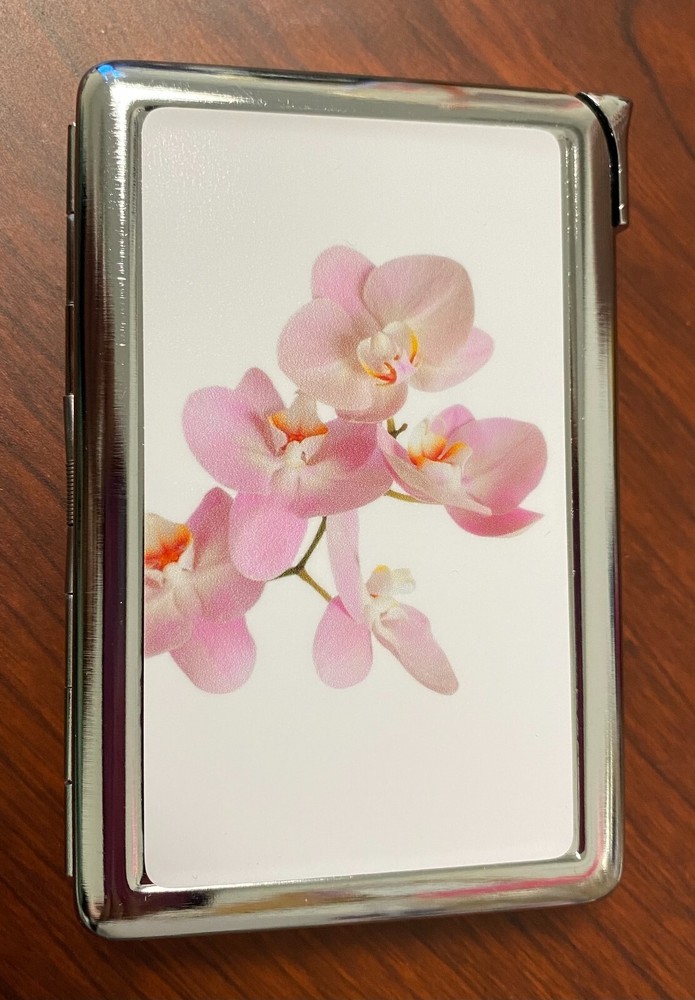 Pink Orchid Image Cigarette Case with Built in Lighter Metal Wallet