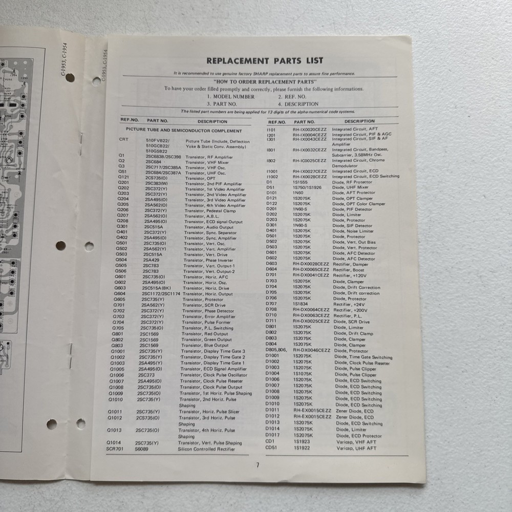 Sharp Electronics Color Television Models C-1953 & C-1954 Service Information