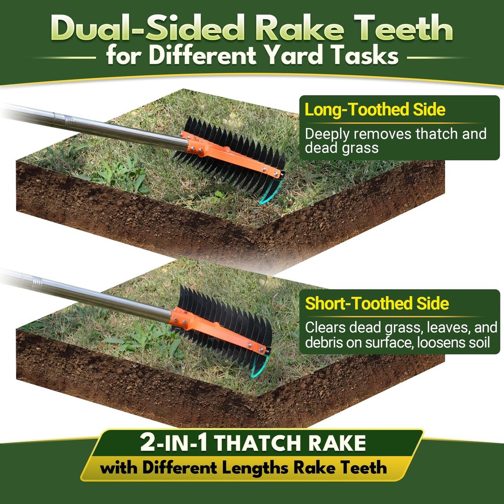 Thatch Rake for Lawns 18 Sharp Tempered Spring Steel Tines Dethatcher Rake He...