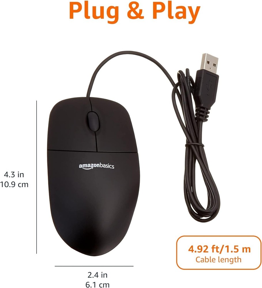 Pack of 30 x AMZ Basics 3-Button Wired USB Computer Mouse, Black