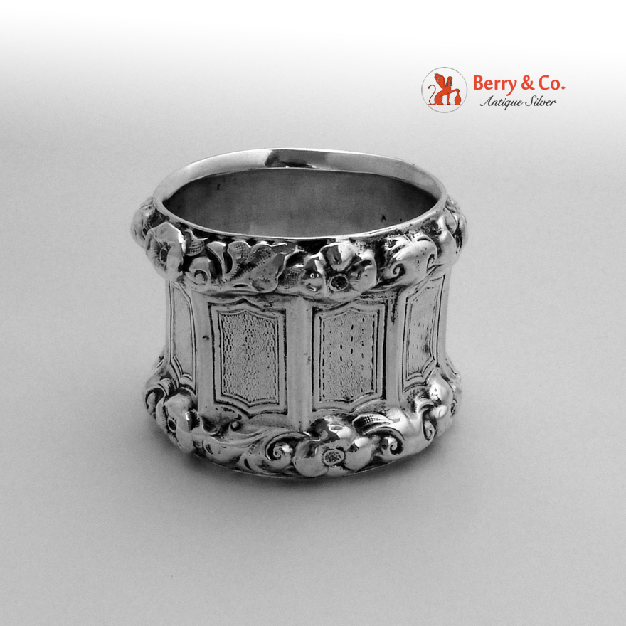 Nonagonal Baroque Wild Rose Napkin Ring 12 Loth German Silver 1855