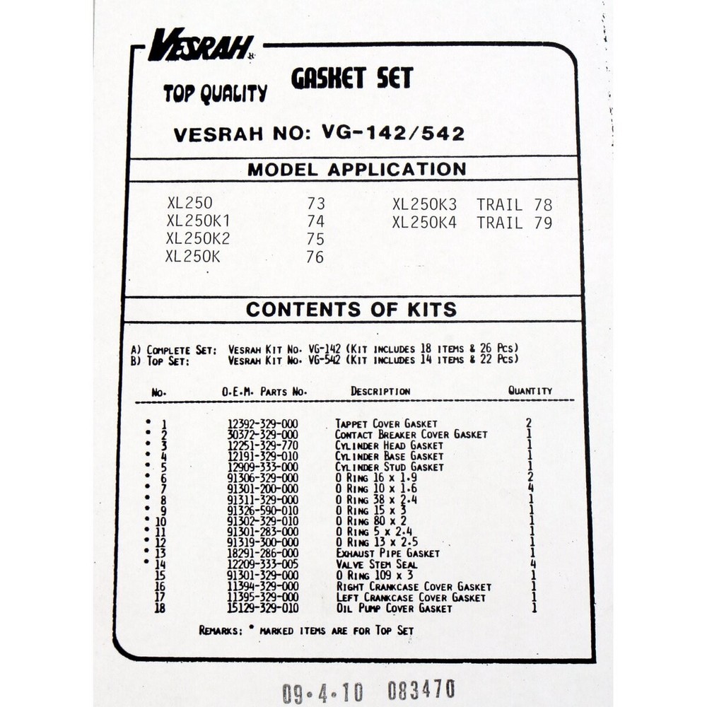 Vesrah Complete Gasket Set - VG142