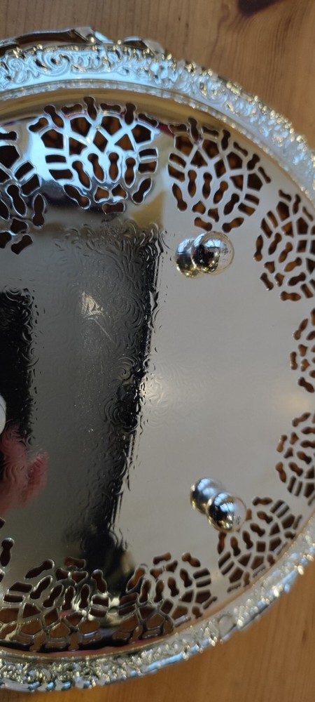 Vintage Silver Plated Cake Serving Plate. Pierced with Swing Handle - Prop/Decor