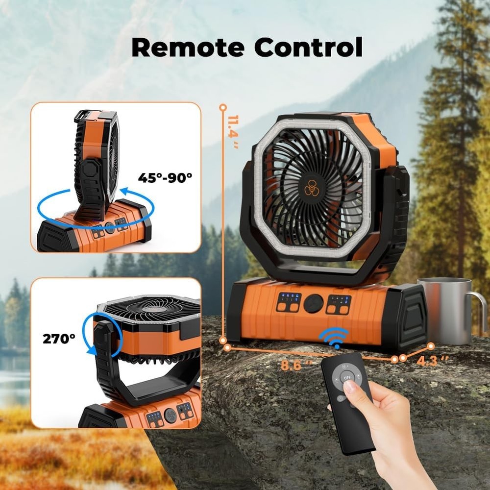 Camping fan, rechargeable, with 4 wind speeds, remote control function