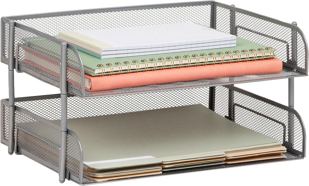 Stackable Paper Tray, Desktop Organizer, File Storage, Office, Metal Mesh, 13.5"