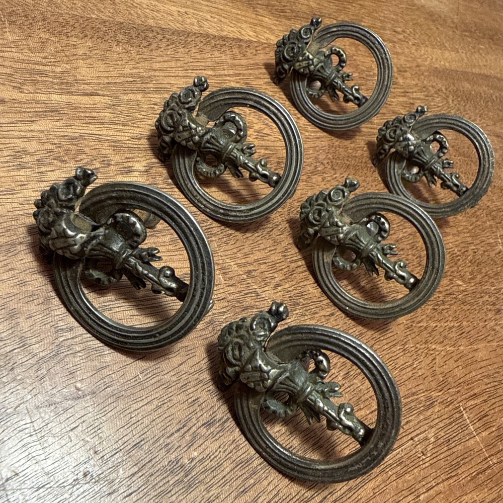 6 Brass Drawer Pulls Drop Ring Floral Rose Cottagecore Knobs Victorian Hardware