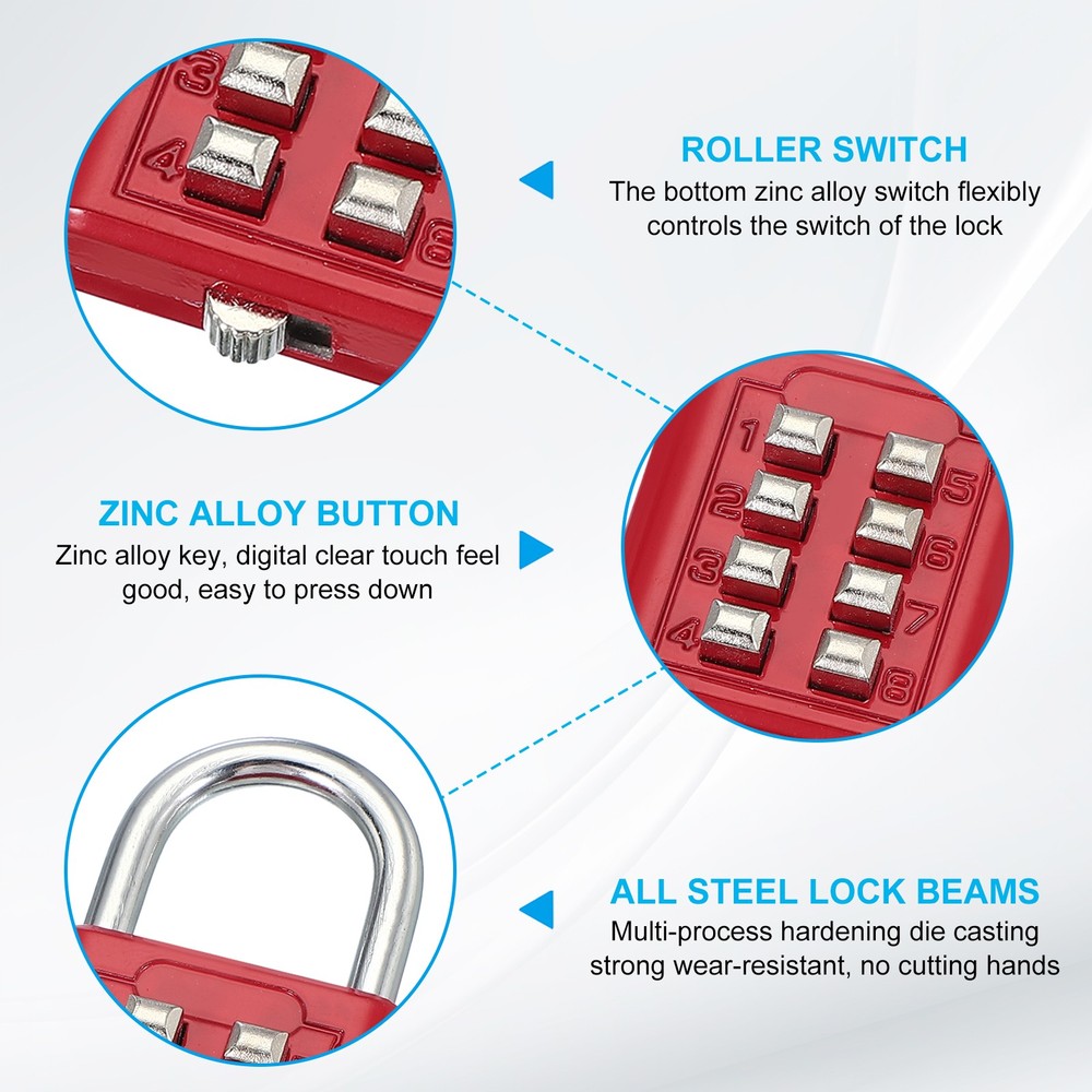 Push Button Combination Padlock 8-Digit 4-Position Lock Red