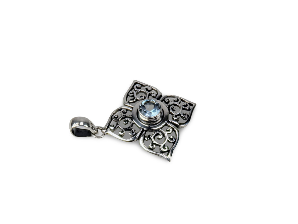 Blue Gemstone Pendant, Scrollwork Pendant, Ornate Silver Pendant