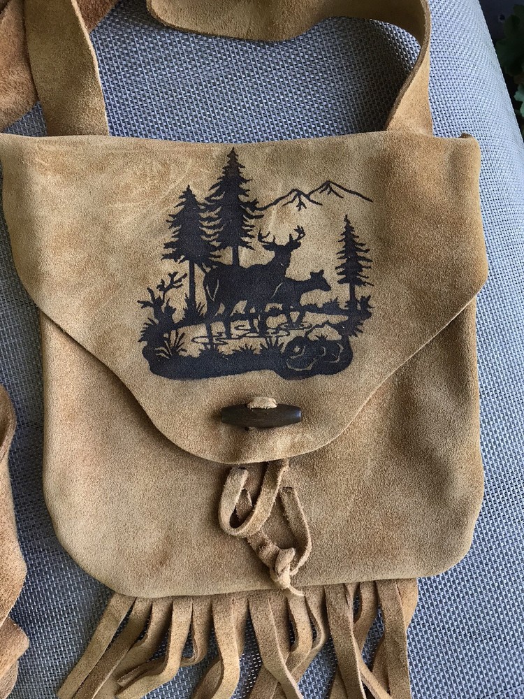 Muzzleloading black powder Fringed engraved Bag Handcrafted Brown Suede Leather