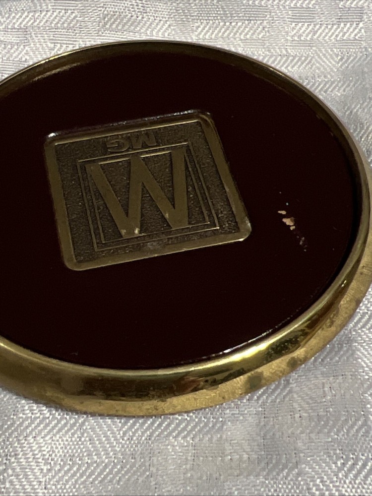 8 Vintage Solid BRASS and Brown LEATHER M MG COASTERS