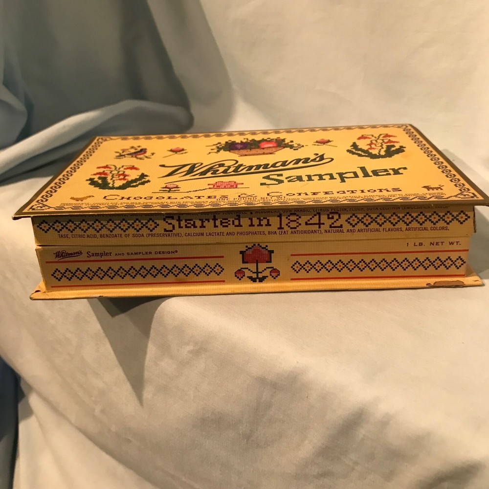 Whitman's Chocolates & Confections Cross Stitch Sampler Empty Hinged Box $11.99