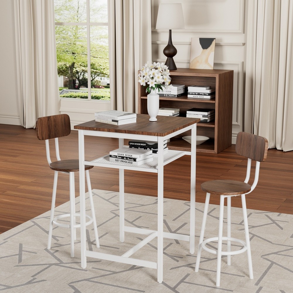 3 Piece Bar Table Set Counter Height  Dining Kitchen Pub Table w/ 2 Stools