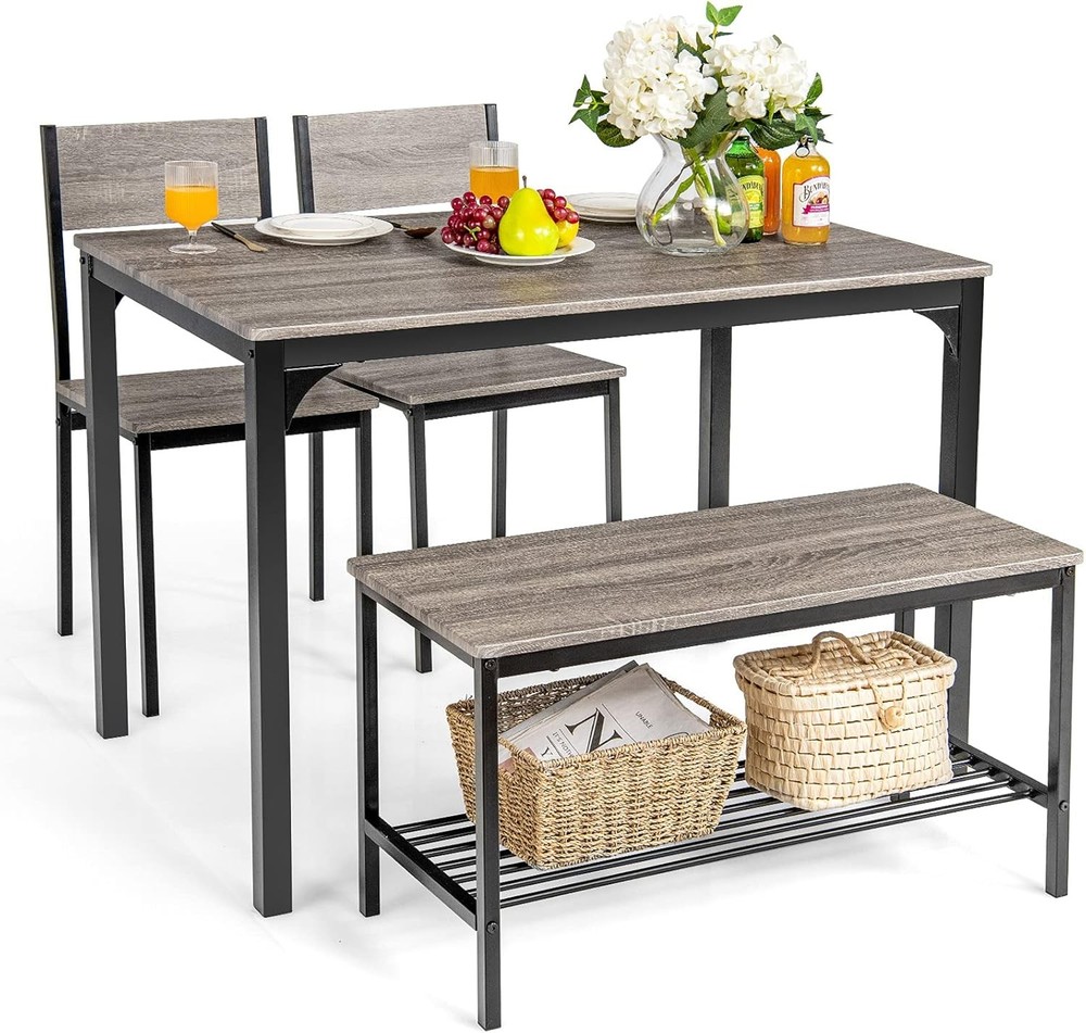 Dining Table Set 4 43" Kitchen Table & Chairs Dining Bench W/ Metal Frame &