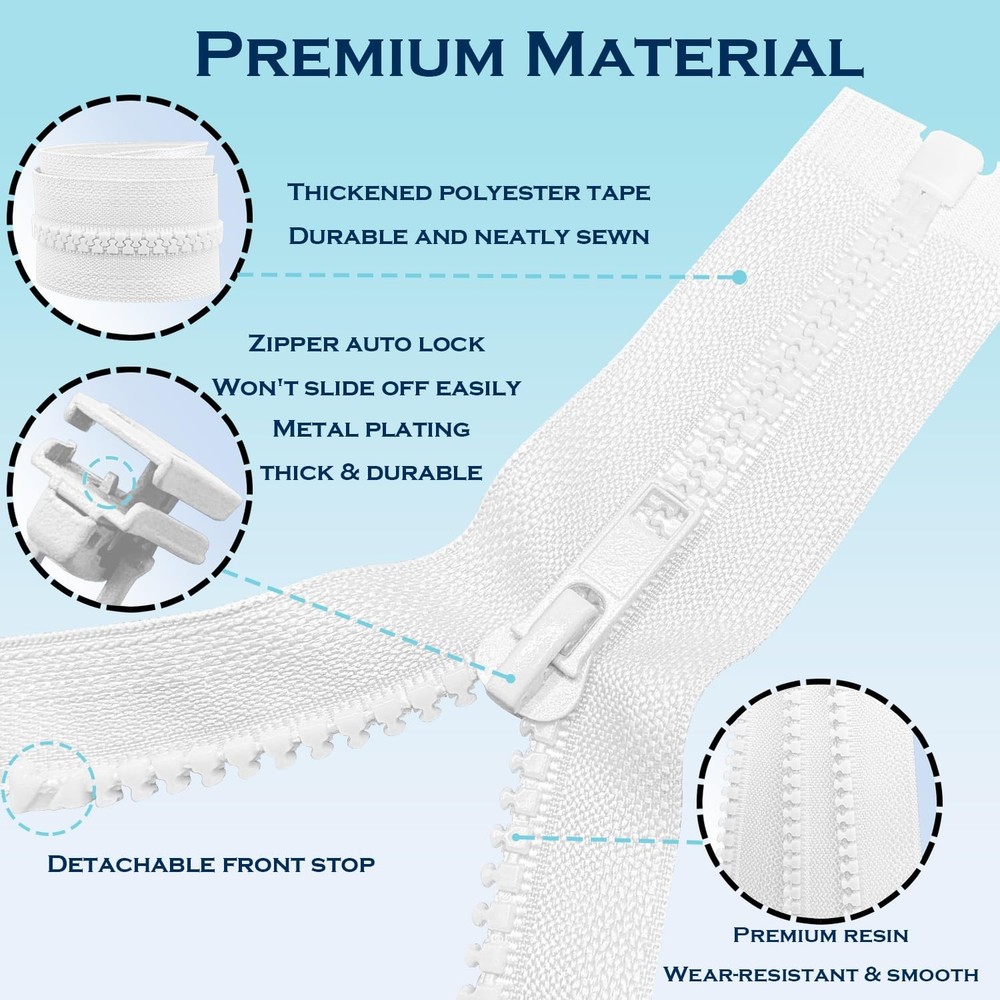 2 PCS 5 24 Inch White Separating Jacket Zippers Sewing Coats Molded Plastic