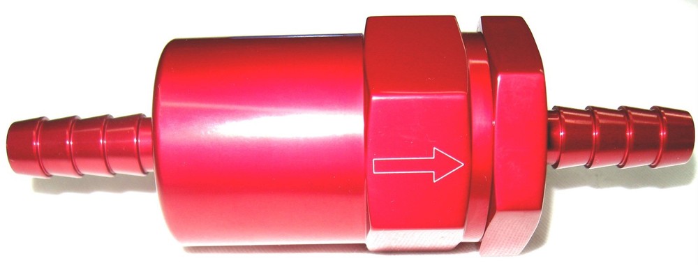 Fuel Filter, Billet inline cleanable element  for 3/8" Barbed Show Polished Red