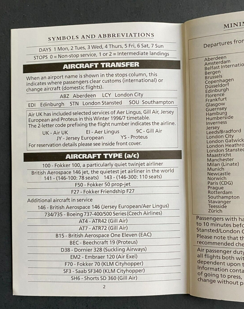 AirUK Timetable Effective Winter 1996/1997