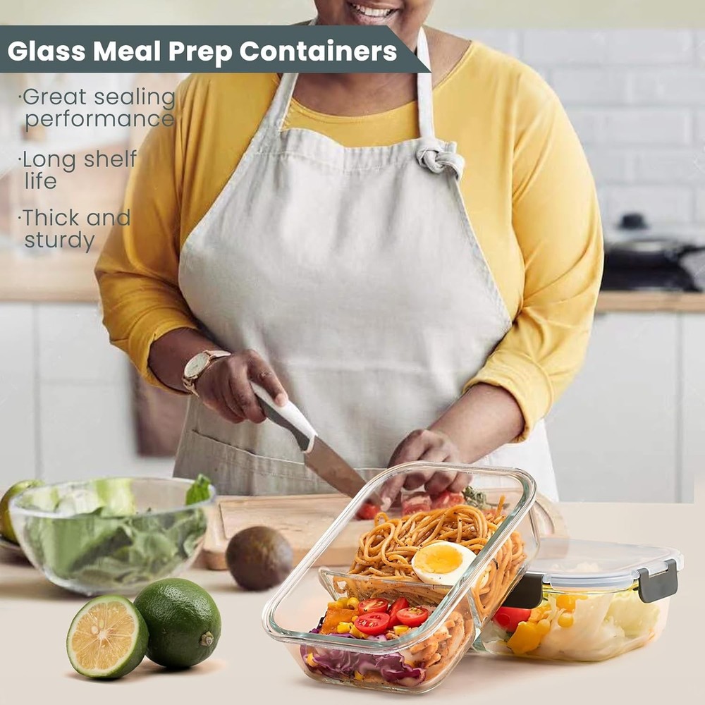 5-Pack,36 Oz Glass Meal Prep Containers 2 Compartments Portion