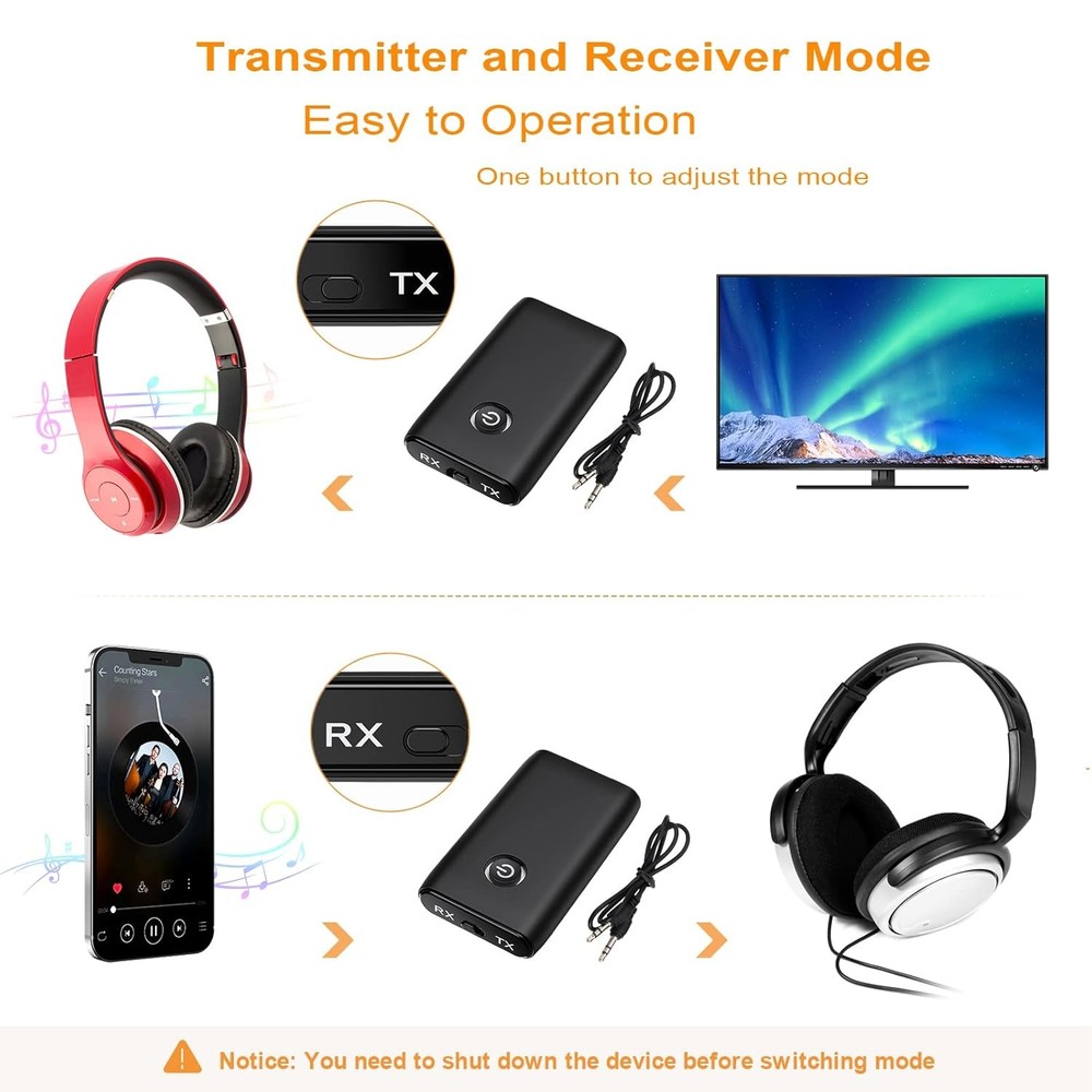 JXTZ Aux Bluetooth Adapter for Car, 2 in 1 Transmitter Black