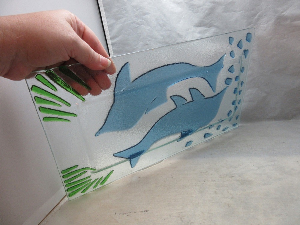 Fused art glass serving platter with Dolphins