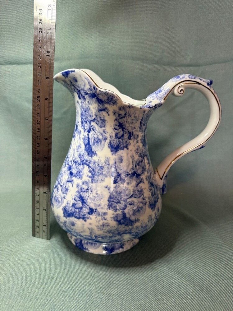 Handmade Pitcher & Basin Blue Transfer Gold Gilt Roses