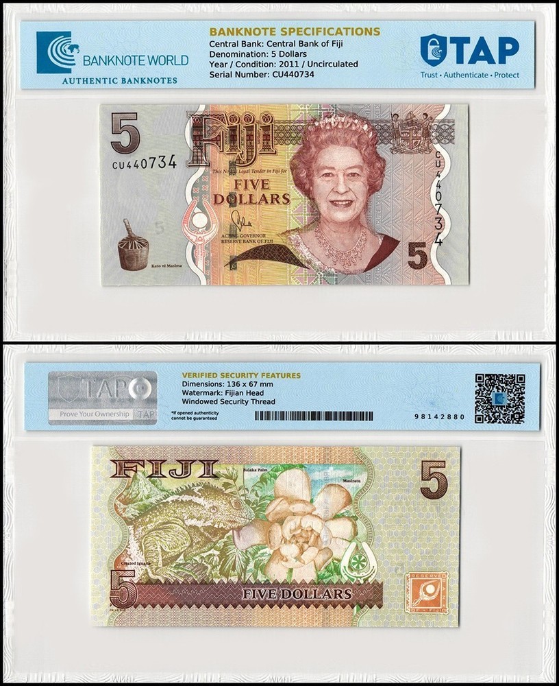 Fiji 5 Dollars, 2011 ND, P-110b, UNC, TAP Authenticated
