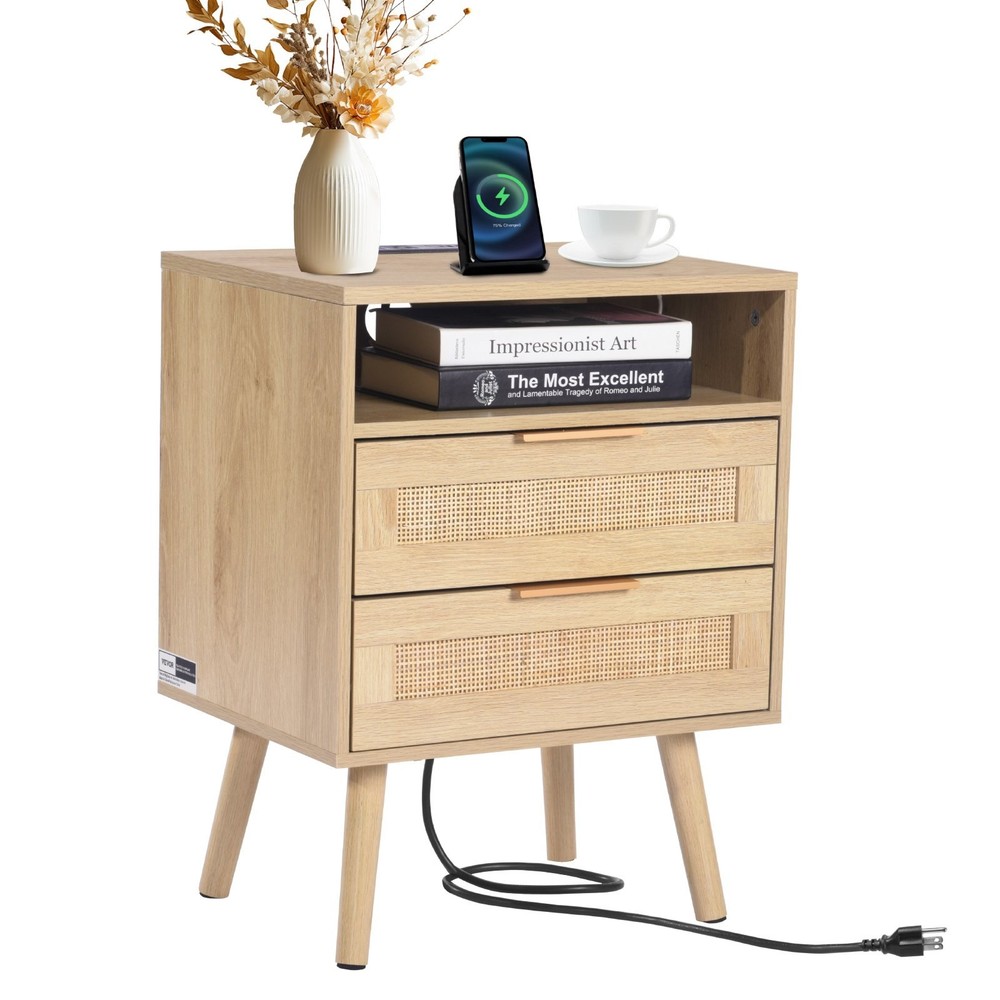 New/Rattan Nightstand, Boho Bedside Table with Open Shelf 2 Drawers, Rattan End