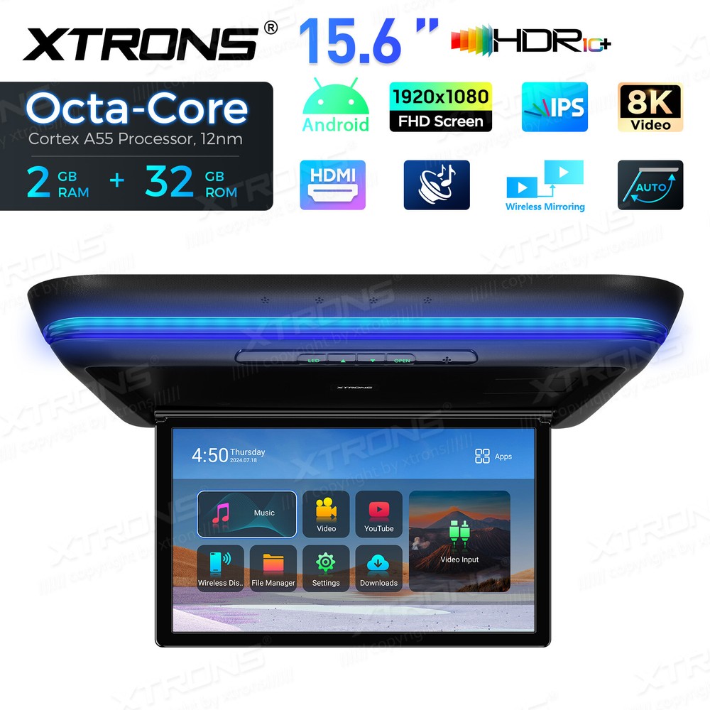 Android 15.6" Screen Car TV Overhead Player Octa Core Auto Flip Down HDMI WiFi
