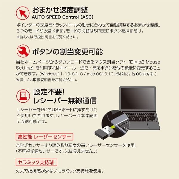 Digio2 Trackball Mouse Small Wireless 5Button Laser Type Index Finger White