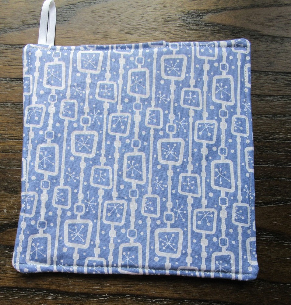 Handmade Quilted Potholder: Turquoise Retro Atomic Print, 8x8