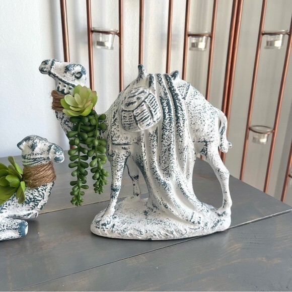 Eclectic Revival Upcycled Hand Painted Ceramic Camel Set Succulent Embellished