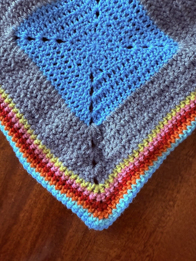 Crochet Afghan Multicolored Square Throw 50"x33" Excellent Condition