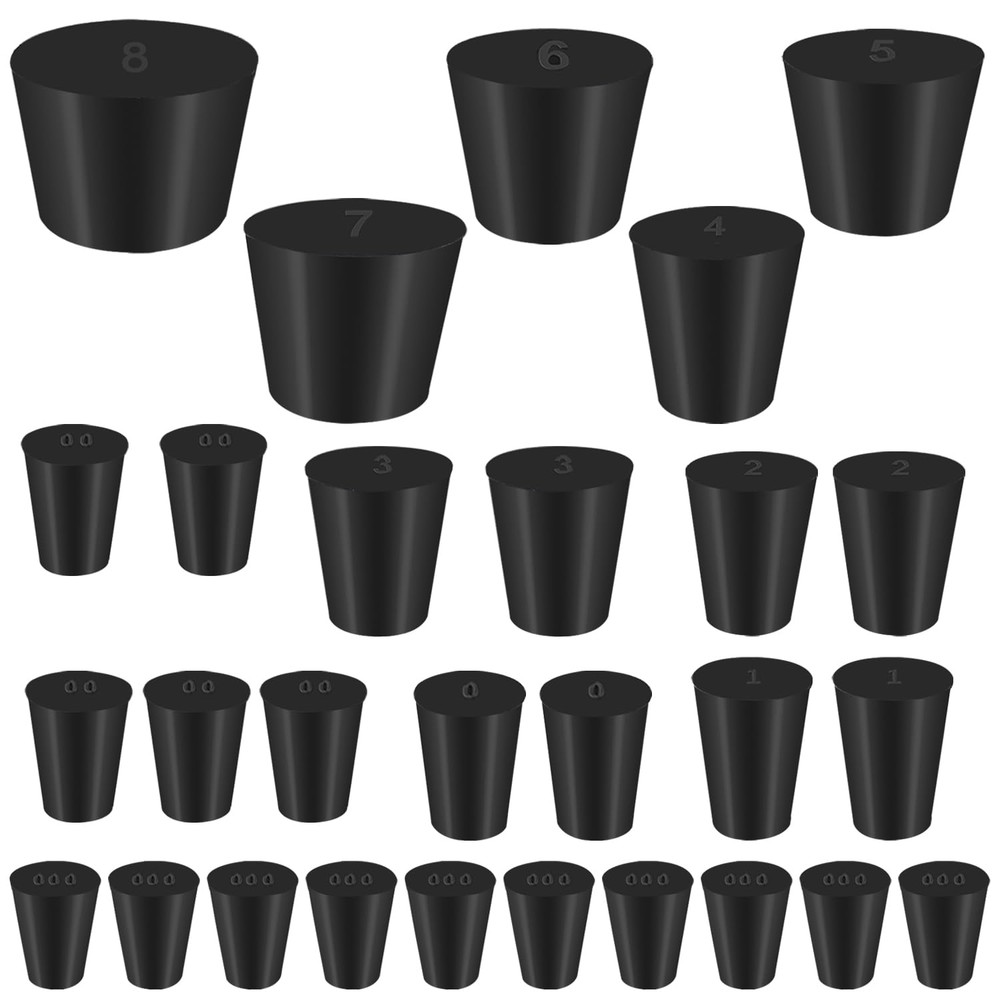 28 Pack (11 Assorted Sizes) Solid Rubber Stopper, 000# - 8# Tapered Lab Bungs...
