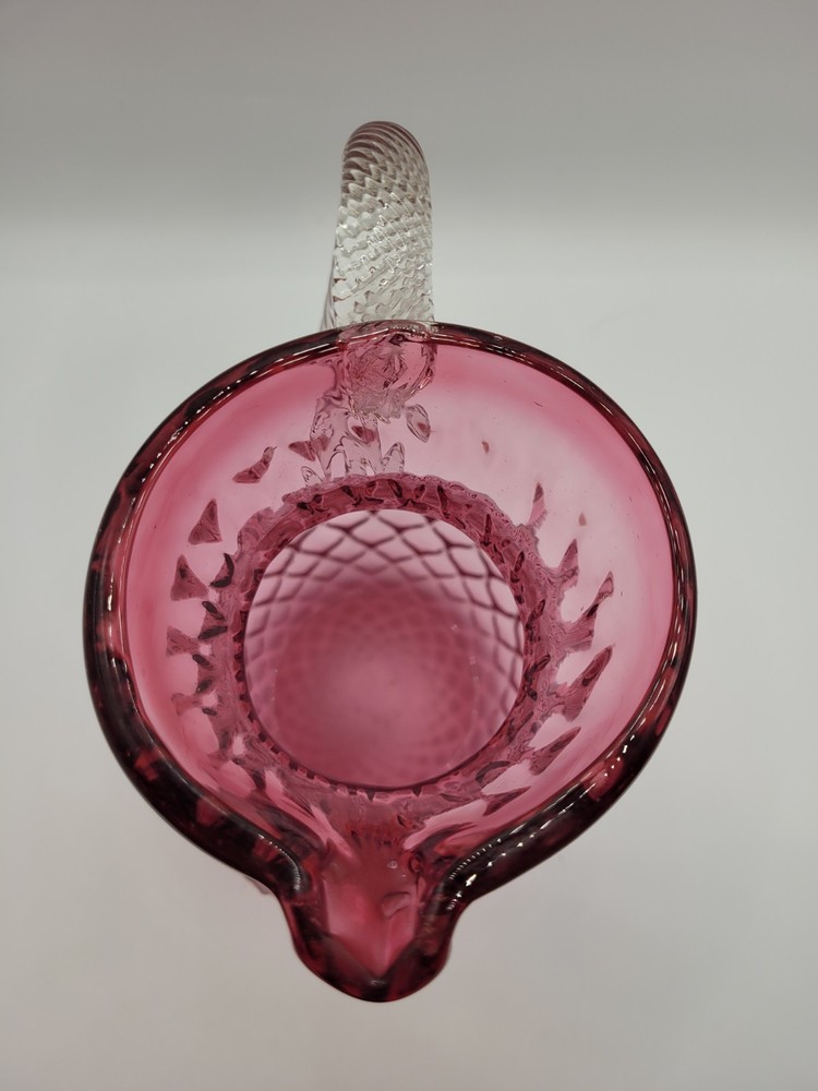 Cranberry Art Glass Pitcher Diamond Pattern With Applied Clear Handle
