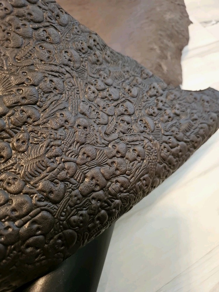 VEGETABLE  TAN SKULL & BONES EMBOSSED BROWN LEATHER HIDE SOFT SHEET,PANEL,CUT