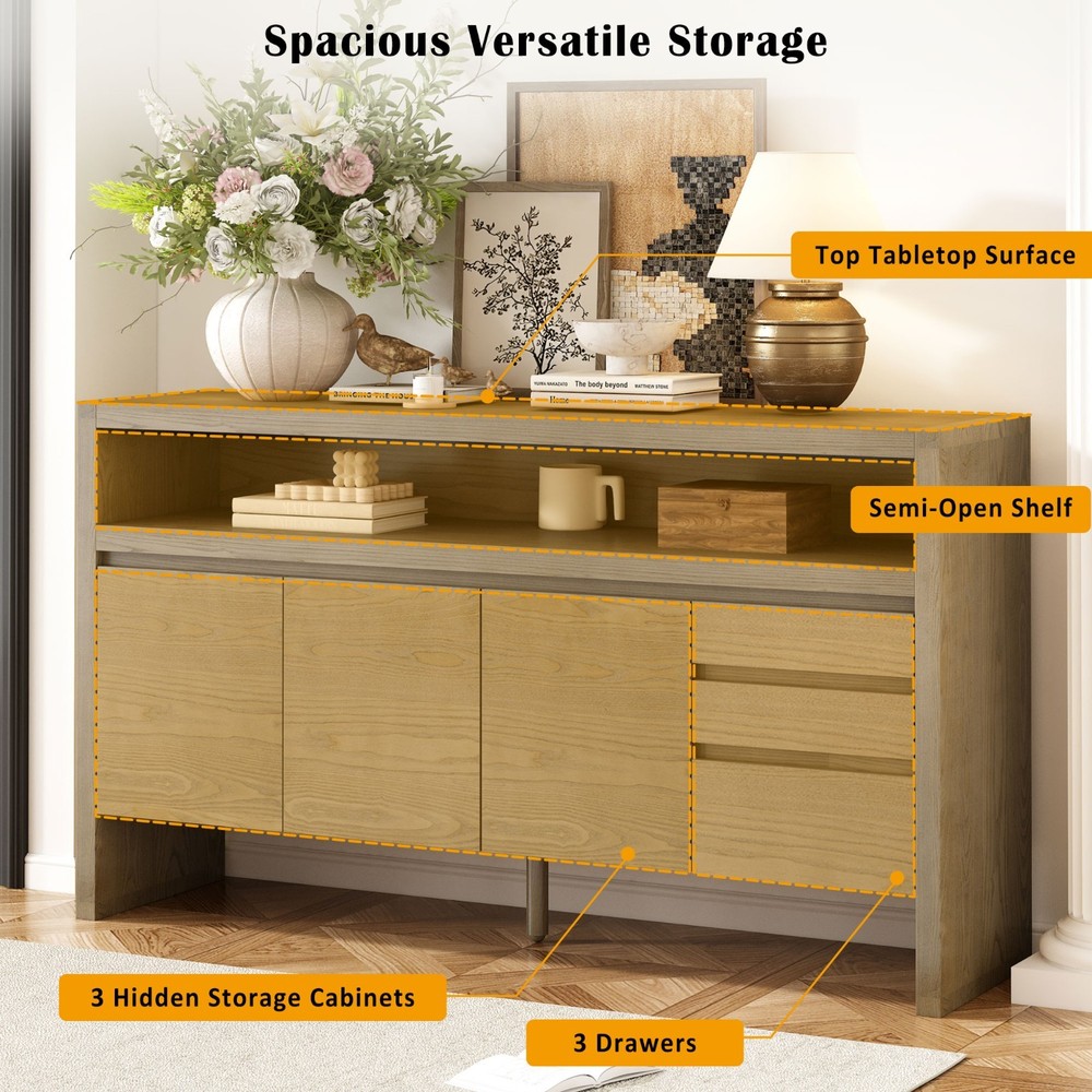 Modern Solid Wood Sideboard Storage Cabinet Console Table With 3 Doors 3 Drawers