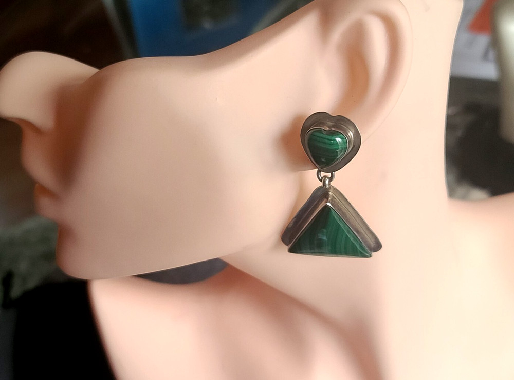 Signed Albert Platera Dangle Malachite Heart & Triangle Sterling Silver Earrings