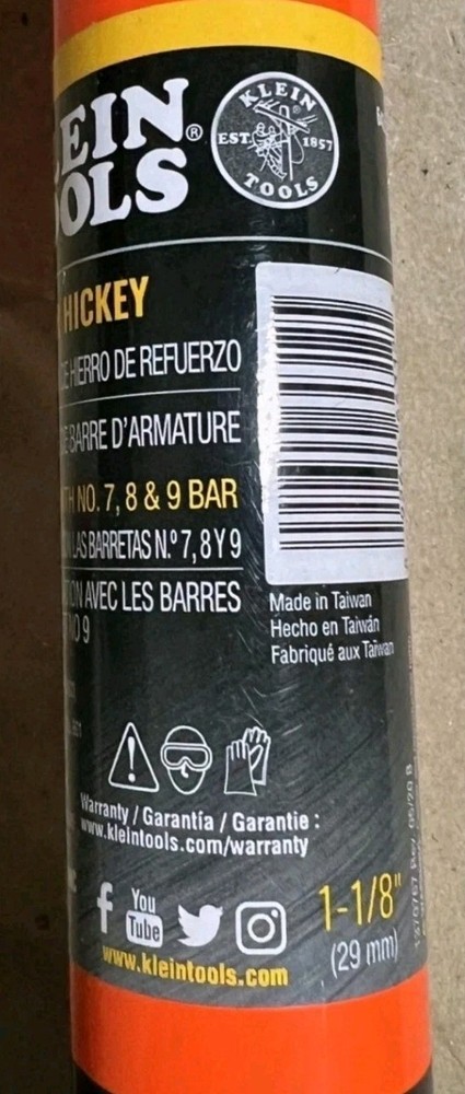 KLEIN TOOLS 64312 ANGLED REBAR HICKEY 65° ANGLE BENDS #7, #8, #9