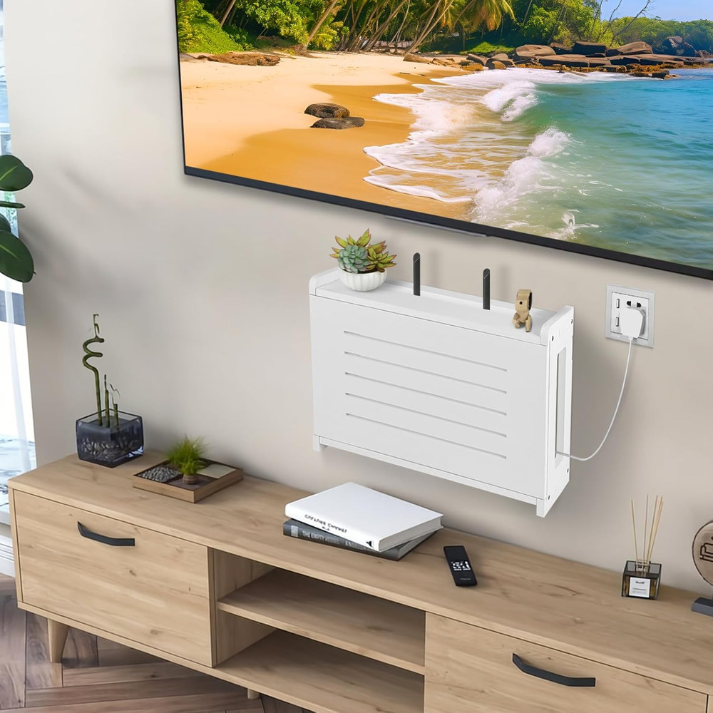 Wall-Mounted Router Shelf with Cable Management - Solid Wood, White Finish