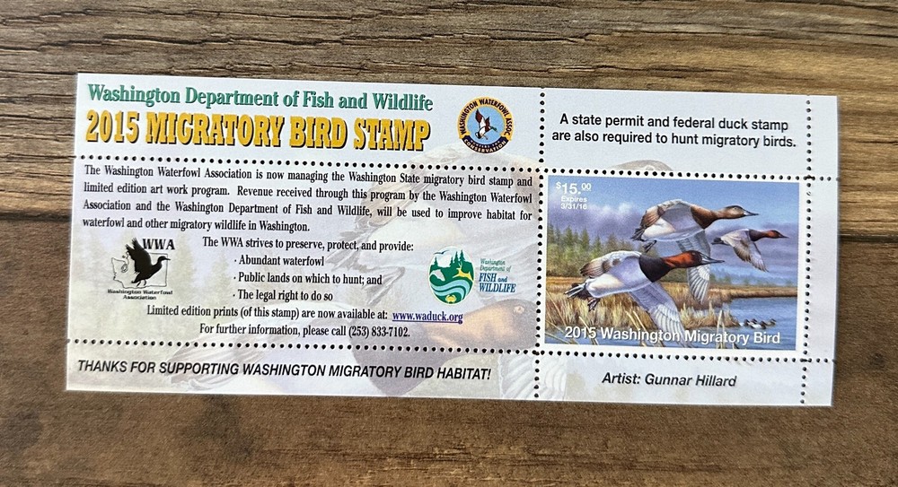 WTDstamps - 2015 WASHINGTON - State Duck Stamp - Mint OG NH