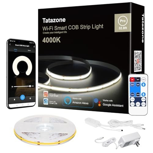 Dimmable 32.8ft Smart COB LED Strip Light, WiFi App & Remote Control, 4000K