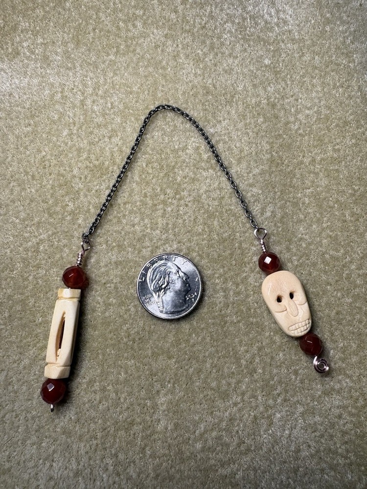 Skull Pendulum Bone Carnelian Copper Wire Wrapped Divination Tool