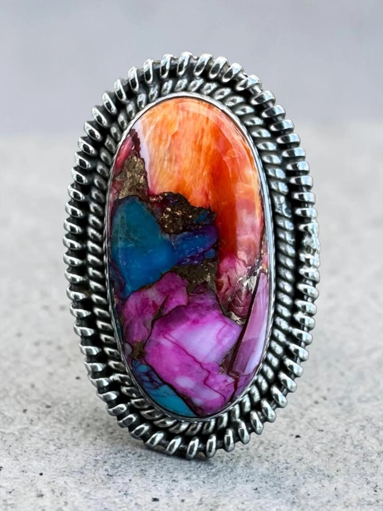Kingman Pink Dahlia Turquoise Solid 925 Sterling Silver Ring – Size 8