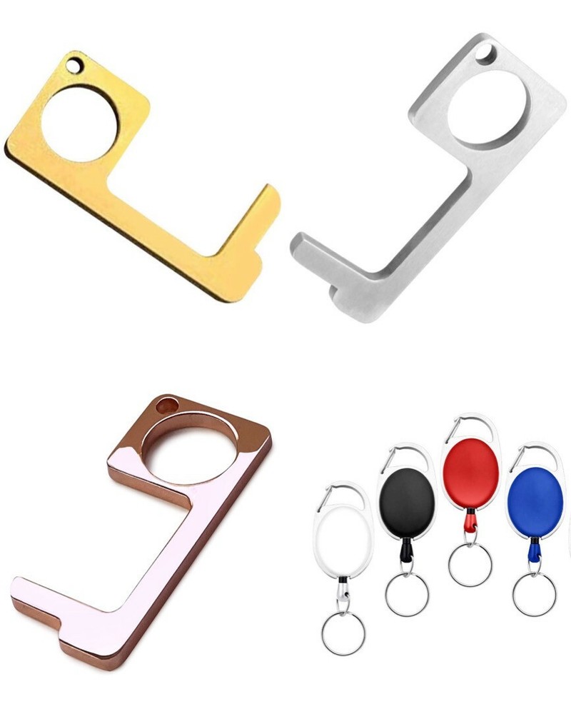 Contactless Brass Door Opener W/ Retractable Pull Reel Stepnpull Keychain SILVER