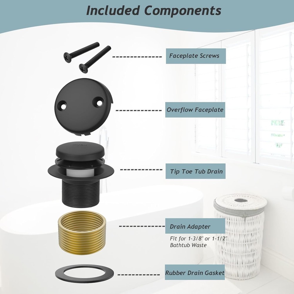 Tip-Toe Bathtub Drain Kit with Two-Hole Overflow Plate, Premium Quality Bath Tub